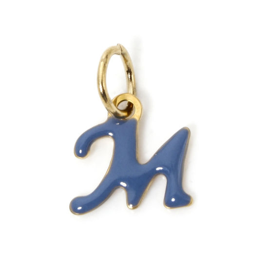 Picture of 1 Piece Eco-friendly PVD Vacuum Plating 304 Stainless Steel Charms 14K Gold Plated Gray Capital Alphabet Initial Letter Message " M " Enamel 14mm x 10mm