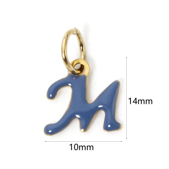 Picture of 1 Piece Eco-friendly PVD Vacuum Plating 304 Stainless Steel Charms 14K Gold Plated Gray Capital Alphabet Initial Letter Message " M " Enamel 14mm x 10mm