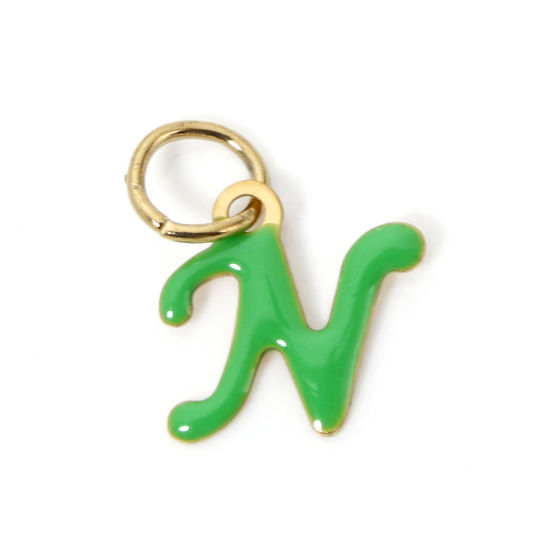 Picture of 1 Piece Eco-friendly PVD Vacuum Plating 304 Stainless Steel Charms 14K Gold Plated Green Capital Alphabet Initial Letter Message " N " Enamel 15mm x 10mm