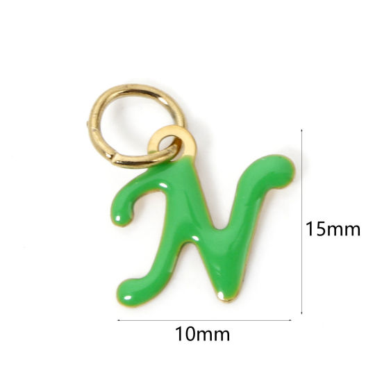 Picture of 1 Piece Eco-friendly PVD Vacuum Plating 304 Stainless Steel Charms 14K Gold Plated Green Capital Alphabet Initial Letter Message " N " Enamel 15mm x 10mm