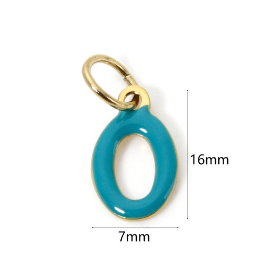 Picture of 1 Piece Eco-friendly PVD Vacuum Plating 304 Stainless Steel Charms 14K Gold Plated Peacock Green Capital Alphabet Initial Letter Message " O " Enamel 16mm x 7mm