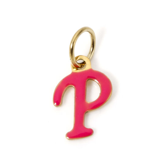 Picture of 1 Piece Eco-friendly PVD Vacuum Plating 304 Stainless Steel Charms 14K Gold Plated Fuchsia Capital Alphabet Initial Letter Message " P " Enamel 17mm x 8.5mm