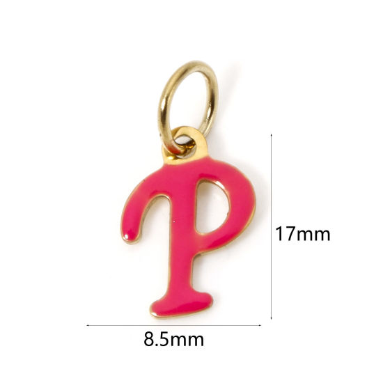 Picture of 1 Piece Eco-friendly PVD Vacuum Plating 304 Stainless Steel Charms 14K Gold Plated Fuchsia Capital Alphabet Initial Letter Message " P " Enamel 17mm x 8.5mm