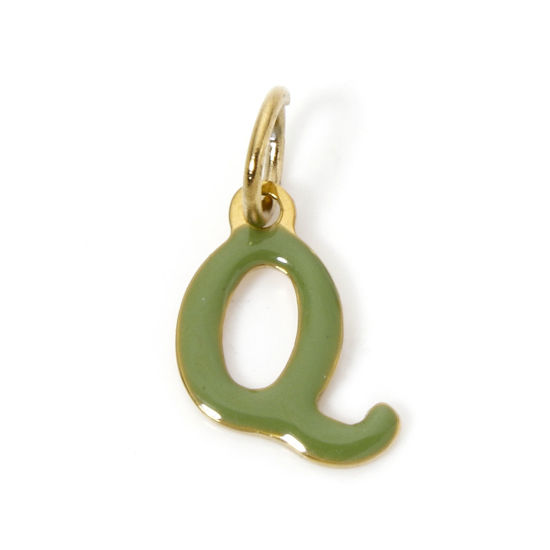 Picture of 1 Piece Eco-friendly PVD Vacuum Plating 304 Stainless Steel Charms 14K Gold Plated Olive Green Capital Alphabet Initial Letter Message " Q " Enamel 16mm x 9mm