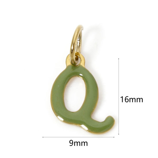 Picture of 1 Piece Eco-friendly PVD Vacuum Plating 304 Stainless Steel Charms 14K Gold Plated Olive Green Capital Alphabet Initial Letter Message " Q " Enamel 16mm x 9mm