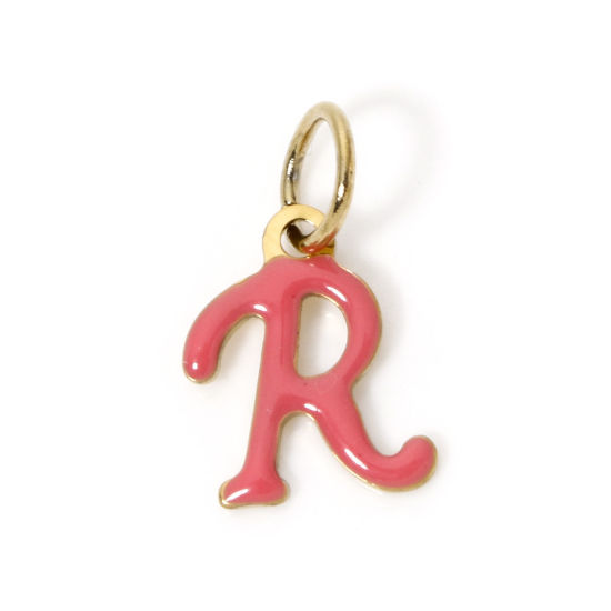 Picture of 1 Piece Eco-friendly PVD Vacuum Plating 304 Stainless Steel Charms 14K Gold Plated Orange Pink Capital Alphabet Initial Letter Message " P " Enamel 16mm x 10mm