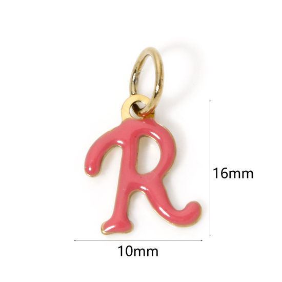 Picture of 1 Piece Eco-friendly PVD Vacuum Plating 304 Stainless Steel Charms 14K Gold Plated Orange Pink Capital Alphabet Initial Letter Message " P " Enamel 16mm x 10mm