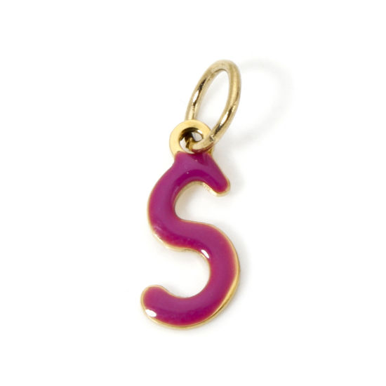 Picture of 1 Piece Eco-friendly PVD Vacuum Plating 304 Stainless Steel Charms 14K Gold Plated Purple Capital Alphabet Initial Letter Message " S " Enamel 17mm x 6mm