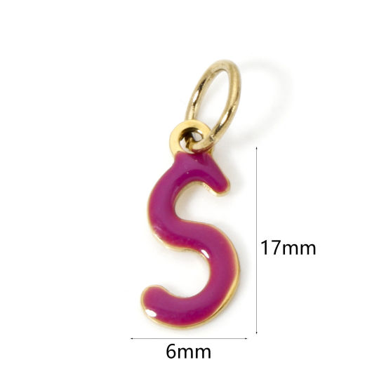 Picture of 1 Piece Eco-friendly PVD Vacuum Plating 304 Stainless Steel Charms 14K Gold Plated Purple Capital Alphabet Initial Letter Message " S " Enamel 17mm x 6mm