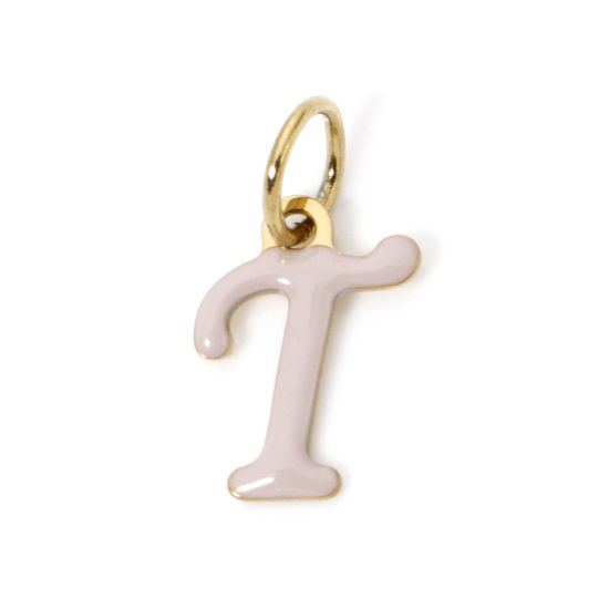 Picture of 1 Piece Eco-friendly PVD Vacuum Plating 304 Stainless Steel Charms 14K Gold Plated Beige Capital Alphabet Initial Letter Message " T " Enamel 17mm x 9mm