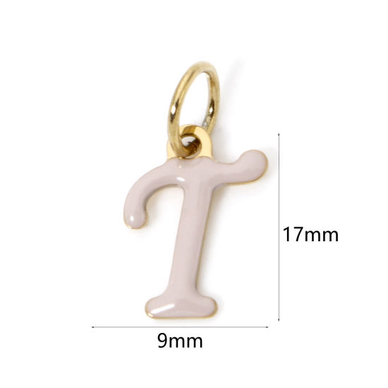 Picture of 1 Piece Eco-friendly PVD Vacuum Plating 304 Stainless Steel Charms 14K Gold Plated Beige Capital Alphabet Initial Letter Message " T " Enamel 17mm x 9mm