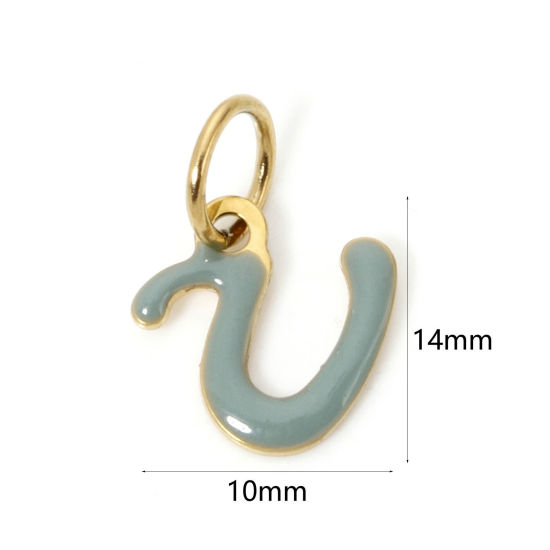 Picture of 1 Piece Eco-friendly PVD Vacuum Plating 304 Stainless Steel Charms 14K Gold Plated Sage Green Capital Alphabet Initial Letter Message " U " Enamel 14mm x 10mm