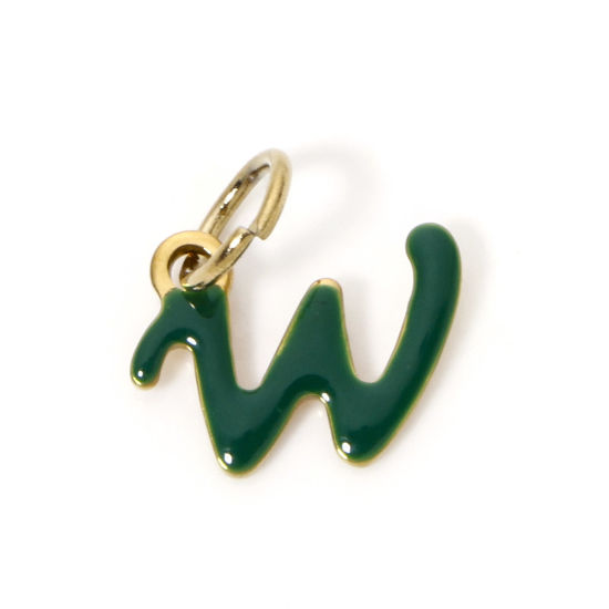 Picture of 1 Piece Eco-friendly PVD Vacuum Plating 304 Stainless Steel Charms 14K Gold Plated Emerald Capital Alphabet Initial Letter Message " W " Enamel 13mm x 12mm