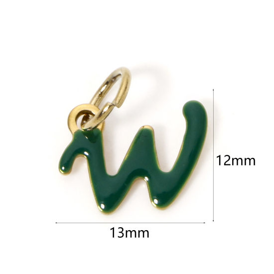 Picture of 1 Piece Eco-friendly PVD Vacuum Plating 304 Stainless Steel Charms 14K Gold Plated Emerald Capital Alphabet Initial Letter Message " W " Enamel 13mm x 12mm