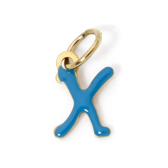 Picture of 1 Piece Eco-friendly PVD Vacuum Plating 304 Stainless Steel Charms 14K Gold Plated Blue Capital Alphabet Initial Letter Message " X " Enamel 15mm x 7mm