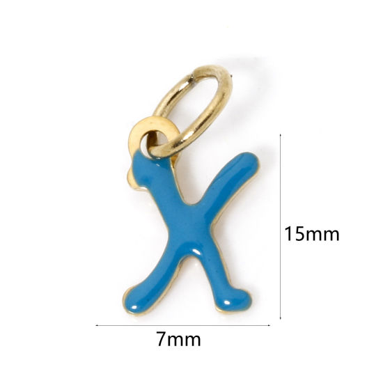 Picture of 1 Piece Eco-friendly PVD Vacuum Plating 304 Stainless Steel Charms 14K Gold Plated Blue Capital Alphabet Initial Letter Message " X " Enamel 15mm x 7mm