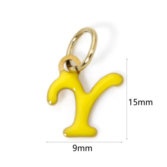 Picture of 1 Piece Eco-friendly PVD Vacuum Plating 304 Stainless Steel Charms 14K Gold Plated Yellow Capital Alphabet Initial Letter Message " Y " Enamel 15mm x 9mm