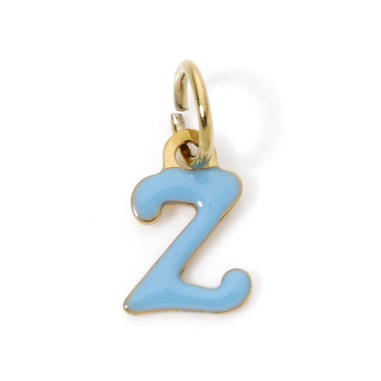 Picture of 1 Piece Eco-friendly PVD Vacuum Plating 304 Stainless Steel Charms 14K Gold Plated Light Blue Capital Alphabet Initial Letter Message " Z " Enamel 14mm x 7mm