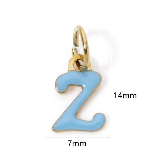 Picture of 1 Piece Eco-friendly PVD Vacuum Plating 304 Stainless Steel Charms 14K Gold Plated Light Blue Capital Alphabet Initial Letter Message " Z " Enamel 14mm x 7mm