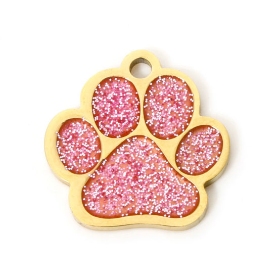 Picture of 1 Piece 304 Stainless Steel Pet Memorial Charms Gold Plated Pink Glitter Dog Paw Claw Enamel 15mm x 15mm