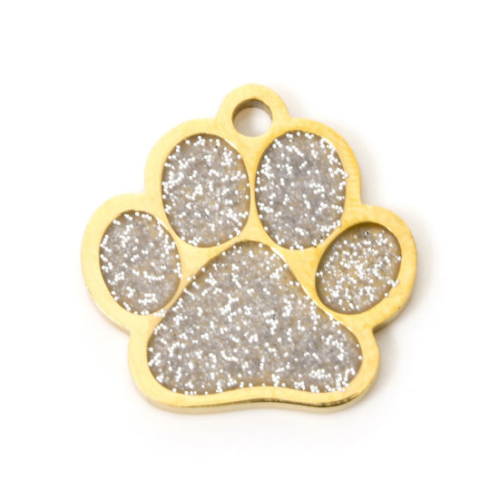 Picture of 1 Piece 304 Stainless Steel Pet Memorial Charms Gold Plated Silver Color Glitter Dog Paw Claw Enamel 15mm x 15mm