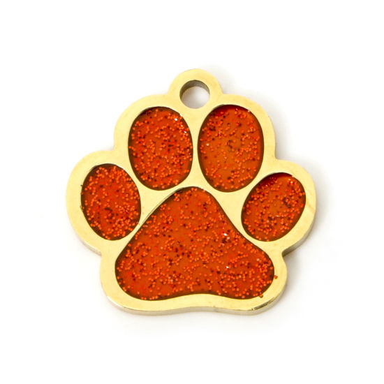 Picture of 1 Piece 304 Stainless Steel Pet Memorial Charms Gold Plated Orange-red Glitter Dog Paw Claw Enamel 15mm x 15mm