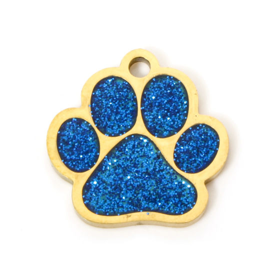 Picture of 1 Piece 304 Stainless Steel Pet Memorial Charms Gold Plated Blue Glitter Dog Paw Claw Enamel 15mm x 15mm