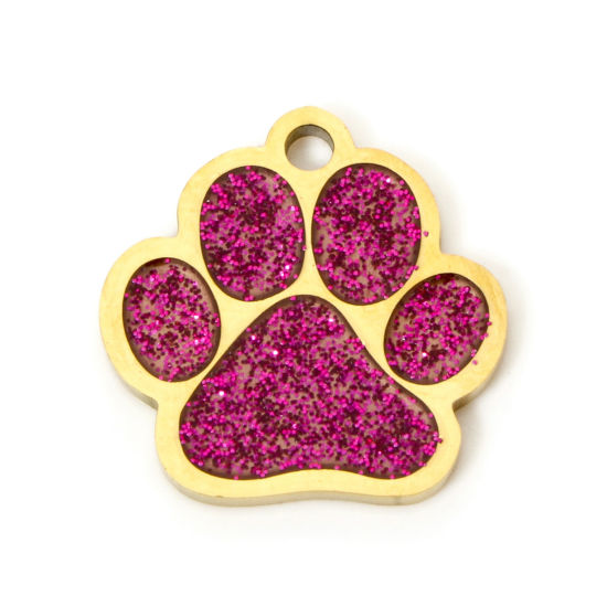 Picture of 1 Piece 304 Stainless Steel Pet Memorial Charms Gold Plated Fuchsia Glitter Dog Paw Claw Enamel 15mm x 15mm