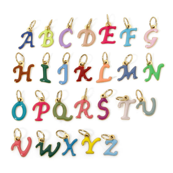 Picture of 26 PCs Eco-friendly PVD Vacuum Plating 304 Stainless Steel Charms 14K Gold Plated Multicolor Capital Alphabet Initial Letter Message " A-Z " Enamel