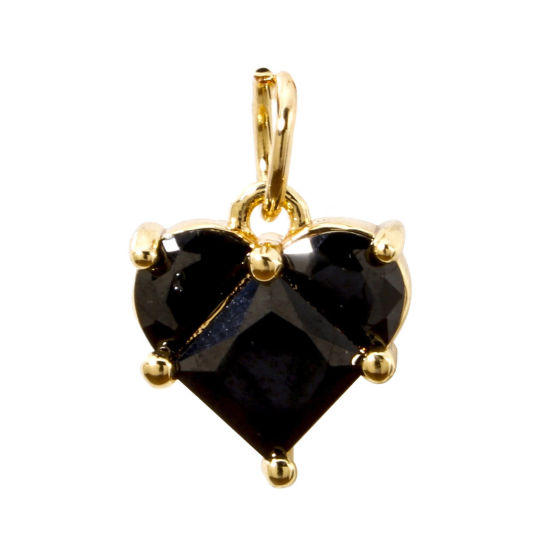 Picture of 1 Piece Eco-friendly Brass Valentine's Day Charms 18K Real Gold Plated Heart Black Rhinestone 14mm x 10mm