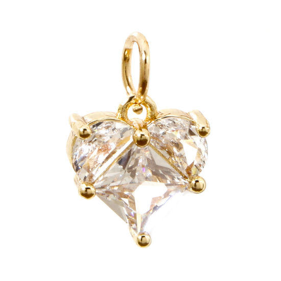 Picture of 1 Piece Eco-friendly Brass Valentine's Day Charms 18K Real Gold Plated Heart Clear Rhinestone 14mm x 10mm