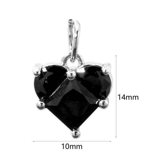 Picture of 1 Piece Eco-friendly Brass Valentine's Day Charms Real Platinum Plated Heart Black Rhinestone 14mm x 10mm