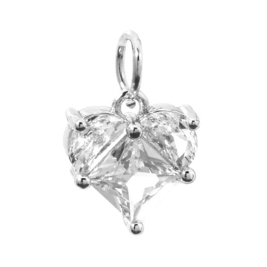 Picture of 1 Piece Eco-friendly Brass Valentine's Day Charms Real Platinum Plated Heart Clear Rhinestone 14mm x 10mm