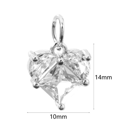 Picture of 1 Piece Eco-friendly Brass Valentine's Day Charms Real Platinum Plated Heart Clear Rhinestone 14mm x 10mm