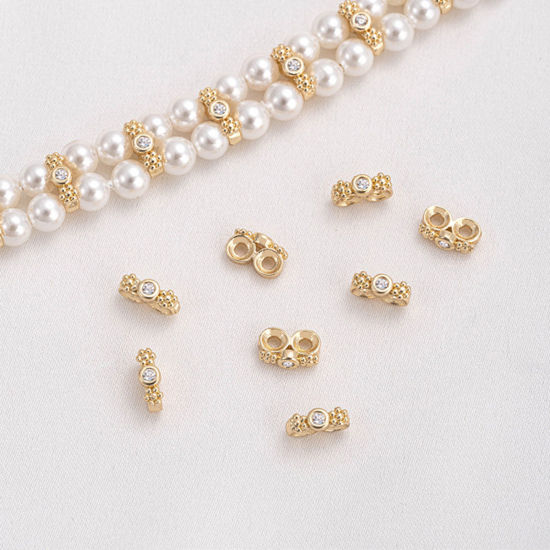 Imagen de 5 PCs Eco-friendly Brass Spacer Beads For DIY Bracelet Jewelry Making Findings 14K Real Gold Plated Plum Blossom Clear Cubic Zirconia About 7mm x 2mm