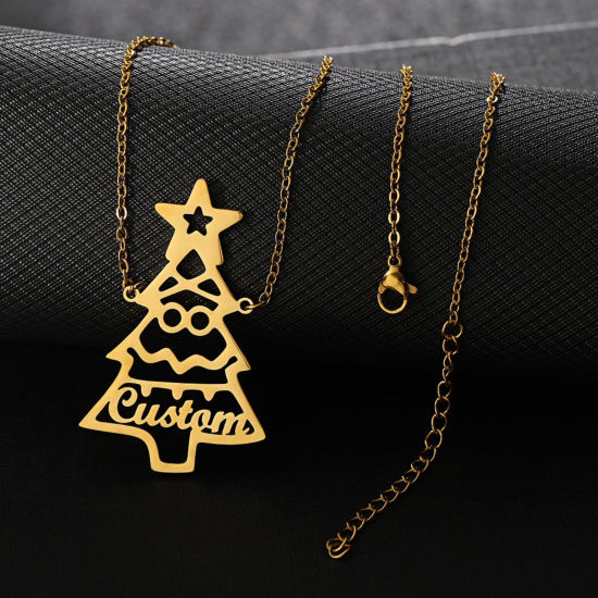 Image de 1 Pièce Collier de Nom Personnalisé Pendentif Breloque de Lettre Personnalisé en 304 Acier Inoxydable Pin de Noël Doré 45cm long