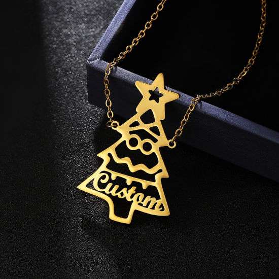 Image de 1 Pièce Collier de Nom Personnalisé Pendentif Breloque de Lettre Personnalisé en 304 Acier Inoxydable Pin de Noël Doré 45cm long