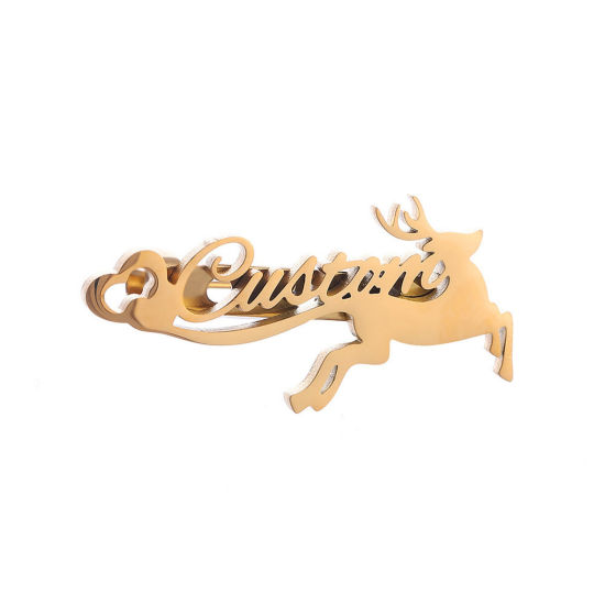 Picture of 1 Piece 304 Stainless Steel Customized Name Pin Brooch Personalized Letter Christmas Reindeer Gold Plated