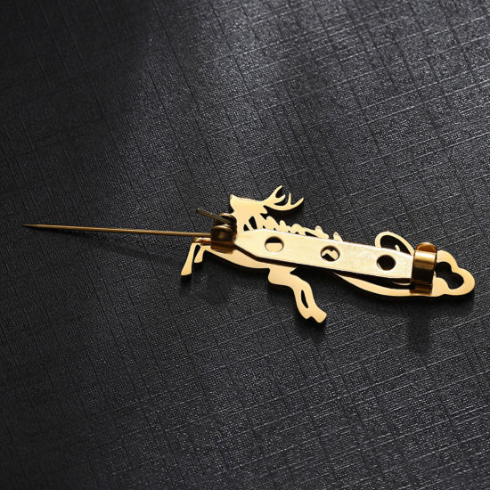 Picture of 1 Piece 304 Stainless Steel Customized Name Pin Brooch Personalized Letter Christmas Reindeer Gold Plated