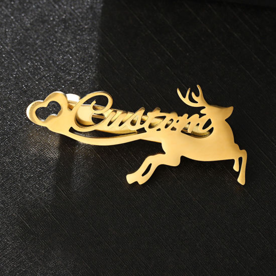 Picture of 1 Piece 304 Stainless Steel Customized Name Pin Brooch Personalized Letter Christmas Reindeer Gold Plated