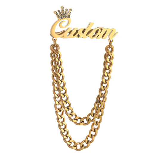 Picture of 1 Piece 304 Stainless Steel Customized Name Pin Brooch Personalized Letter Crown Tassel Gold Plated