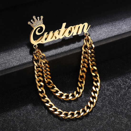 Picture of 1 Piece 304 Stainless Steel Customized Name Pin Brooch Personalized Letter Crown Tassel Gold Plated