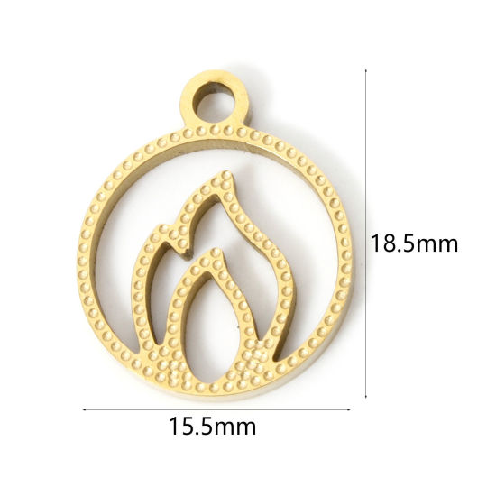 Picture of 2 PCs Vacuum Plating 304 Stainless Steel Charms 18K Gold Plated Round Flame Fire Hollow 18.5mm x 15.5mm