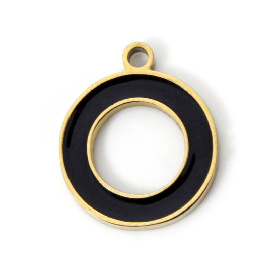 Picture of 2 PCs Vacuum Plating 304 Stainless Steel Geometric Charms 18K Gold Plated Black Circle Ring Enamel 14mm x 12mm