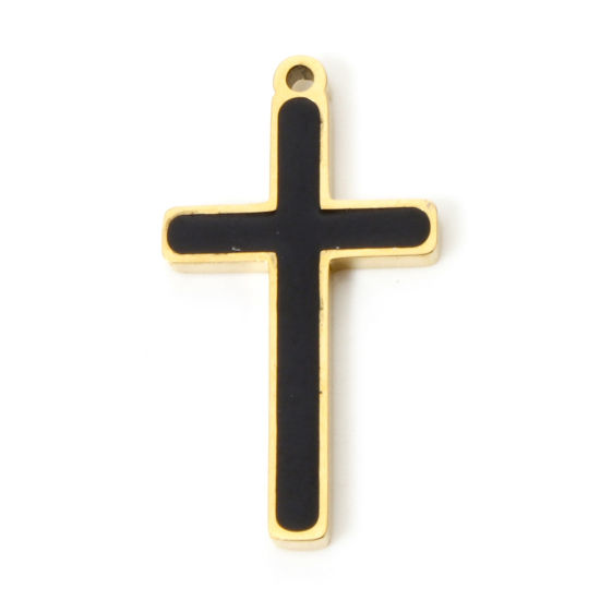 Picture of 2 PCs Vacuum Plating 304 Stainless Steel Religious Charms 18K Gold Plated Black Cross Enamel 21mm x 12mm