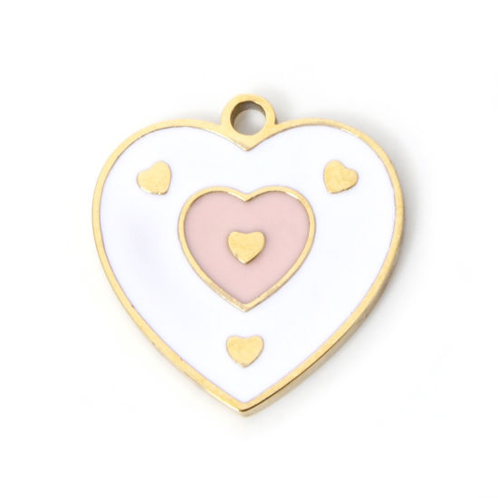 Imagen de 2 Unidades Recubrimiento al Vacío PVD Ecológico 304 Acero Inoxidable día de San Valentín Colgantes Chapado en Oro de 18K Blanco & Rosa Corazón Esmalte 15.5mm x 15mm