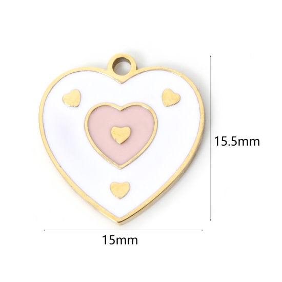 Imagen de 2 Unidades Recubrimiento al Vacío PVD Ecológico 304 Acero Inoxidable día de San Valentín Colgantes Chapado en Oro de 18K Blanco & Rosa Corazón Esmalte 15.5mm x 15mm