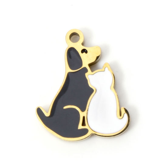 Imagen de 2 Unidades Recubrimiento al Vacío PVD Ecológico 304 Acero Inoxidable Colgantes Chapado en Oro de 18K Negro & Blanco Gato Perro Esmalte 14mm x 12mm