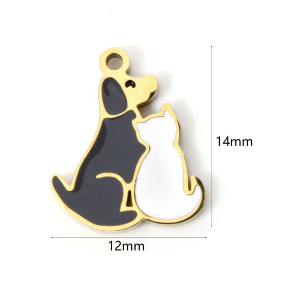 Imagen de 2 Unidades Recubrimiento al Vacío PVD Ecológico 304 Acero Inoxidable Colgantes Chapado en Oro de 18K Negro & Blanco Gato Perro Esmalte 14mm x 12mm