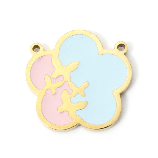Imagen de 2 Unidades Recubrimiento al Vacío PVD Ecológico 304 Acero Inoxidable Colgantes Chapado en Oro de 18K Azul & Rosa Flor Esmalte 18mm x 18mm